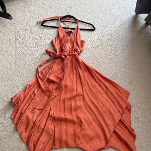 BCBGMAXAZARIA Elegant Coral Halter Neck Polka Dot Swing Dress